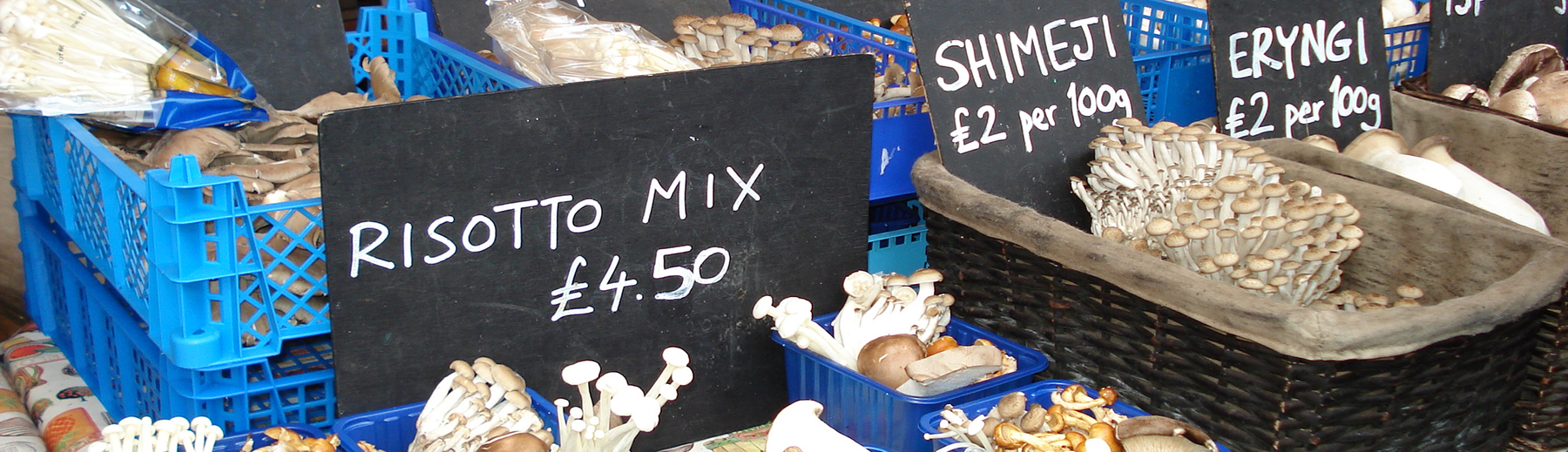 Mushrooms displayed in a farmers market