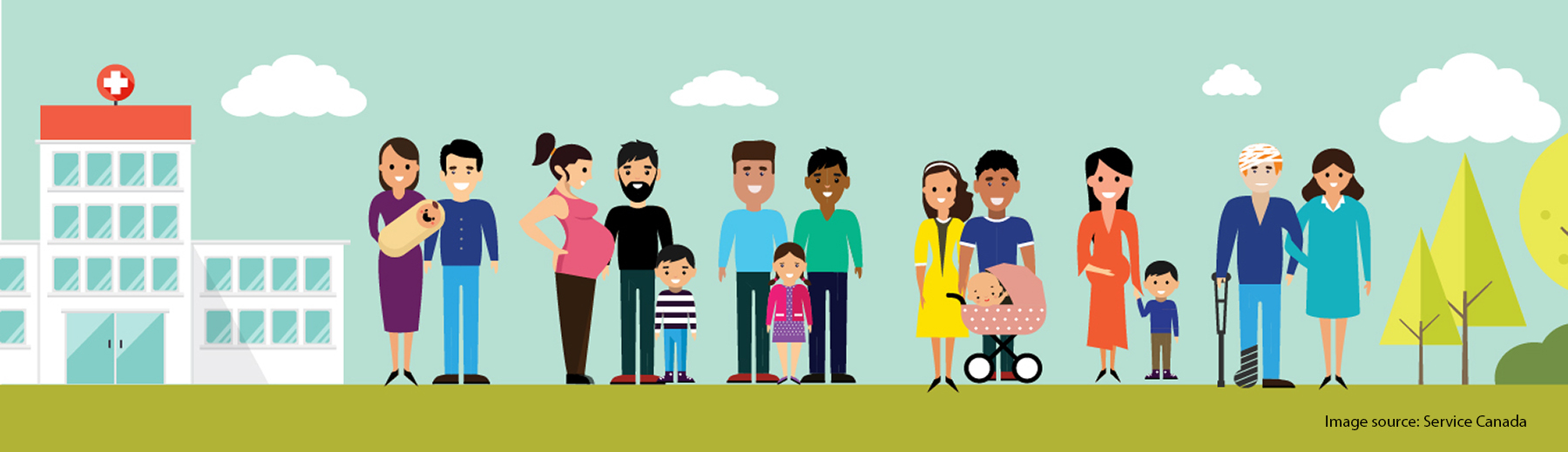 Cartoon image of many different people and family groups