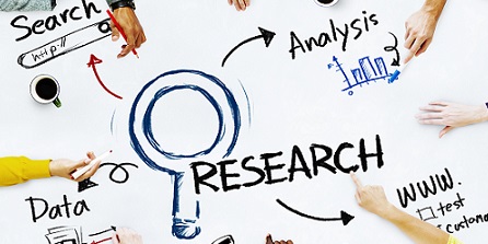 The words Research, Search, Analysis and Data are scribbled on a whiteboard with several hands pointing to the words