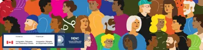 A diverse group of people. The IRCC, Region of Durham and Durham Employment and Newcomer Centre logos are also displayed.
